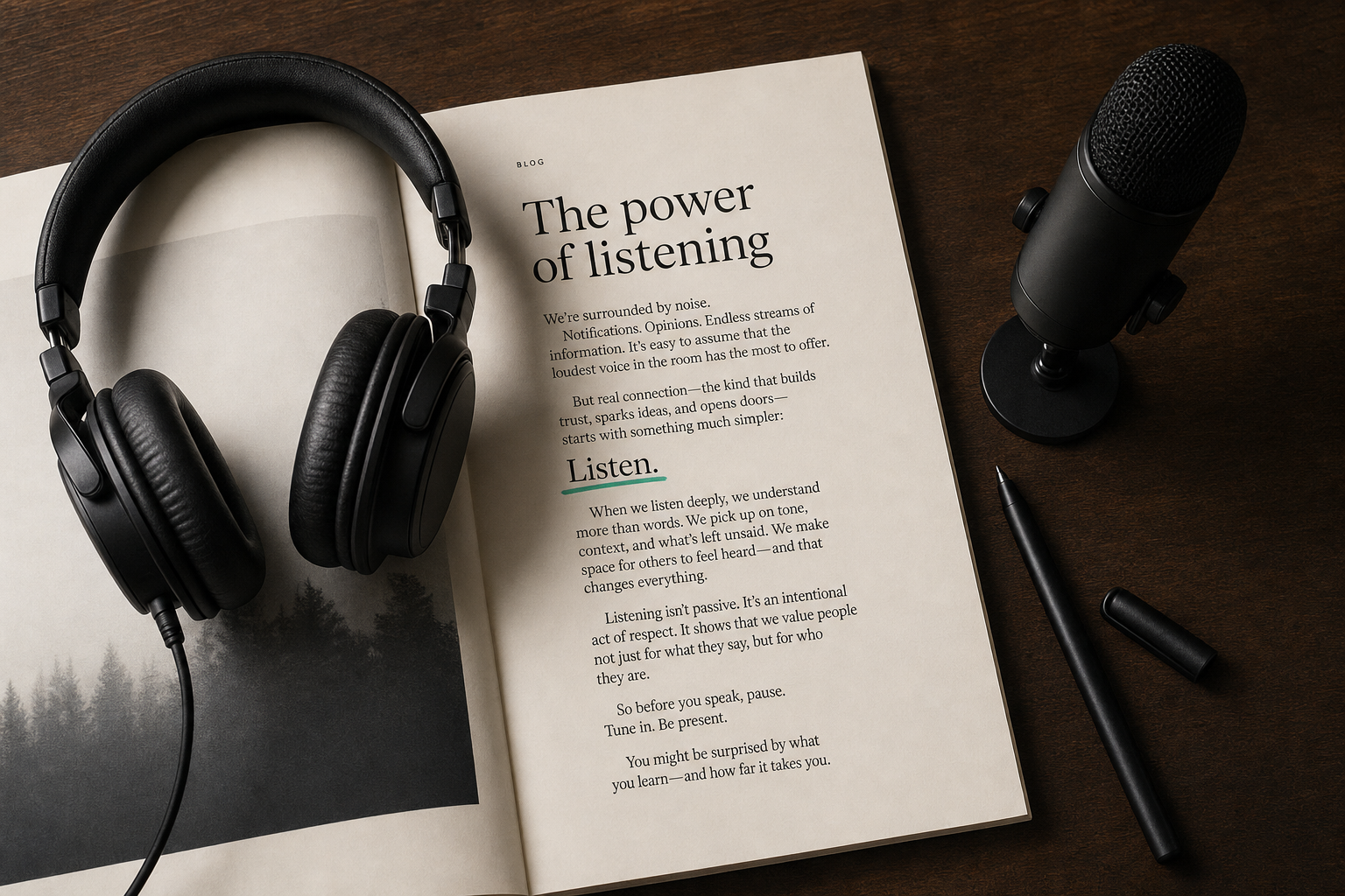 A pair of headphones and a microphone resting on a printed blog article on a dark walnut desk, with the word Listen underlined in mint ink