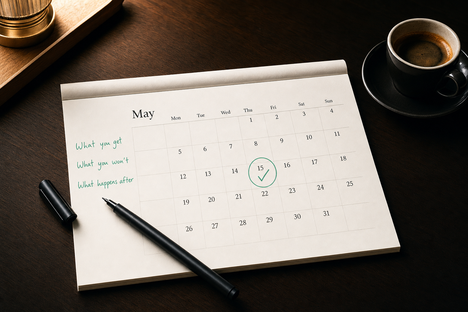 A calendar page on a dark walnut desk with a green tick circled on a date, three short reassurance lines handwritten in mint ink in the margin, and an uncapped pen resting across the page