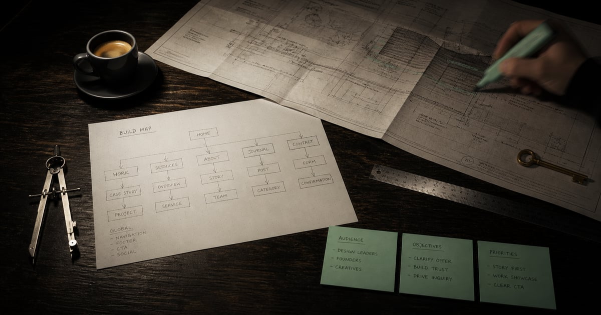 Top-down cinematic shot of a planning desk: a hand-drawn 'BUILD MAP' sitemap on paper, a hand with a mint highlighter marking up an unfolded blueprint, an espresso, a brass key, a metal compass, and three mint sticky notes labelled Audience, Objectives, and Priorities.