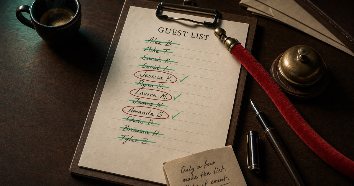 A red velvet stanchion rope laid across a clipboard with a handwritten GUEST LIST on a dark walnut desk, names crossed out in mint and circled in red, espresso cup