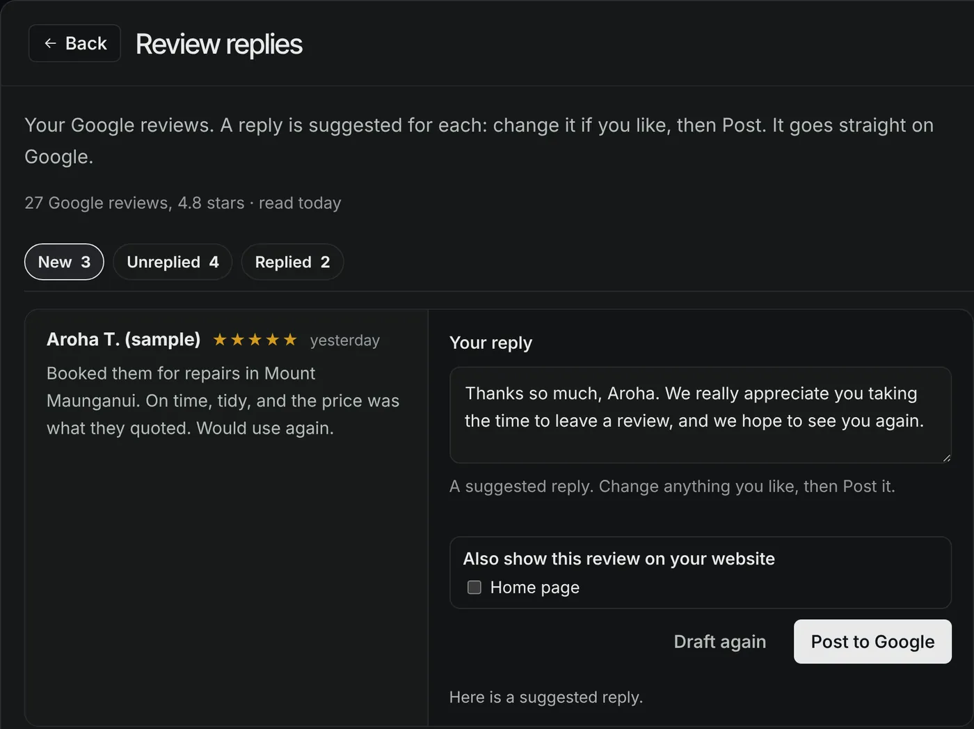 The Google Reviews page of a PlainBlack dashboard. A five-star review from Aroha sits beside a drafted reply, with buttons to draft again or post to Google.