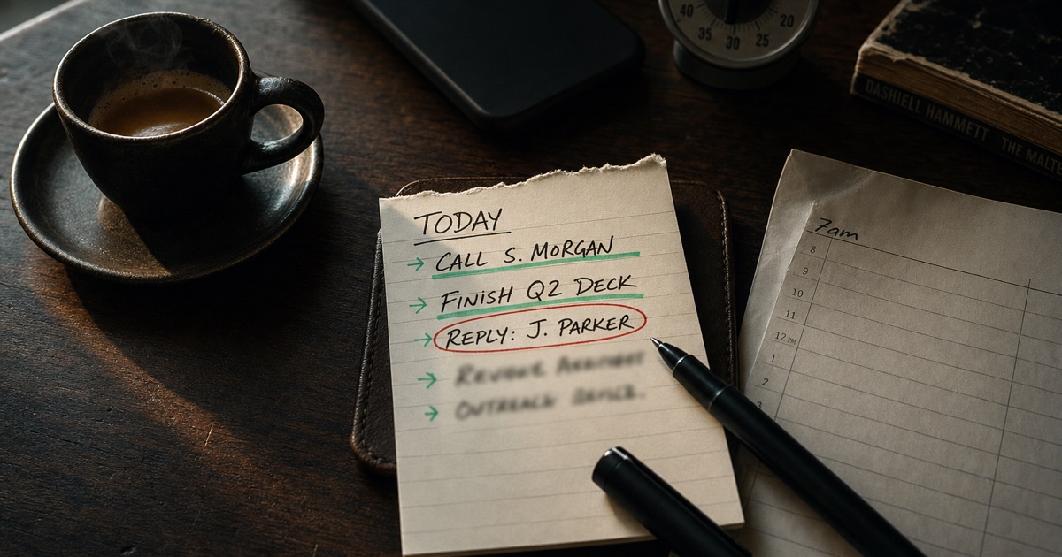Do This Today — a handwritten action card on a dark wood desk, three items underlined in mint highlighter, one circled in red, espresso cup steaming, phone face-down
