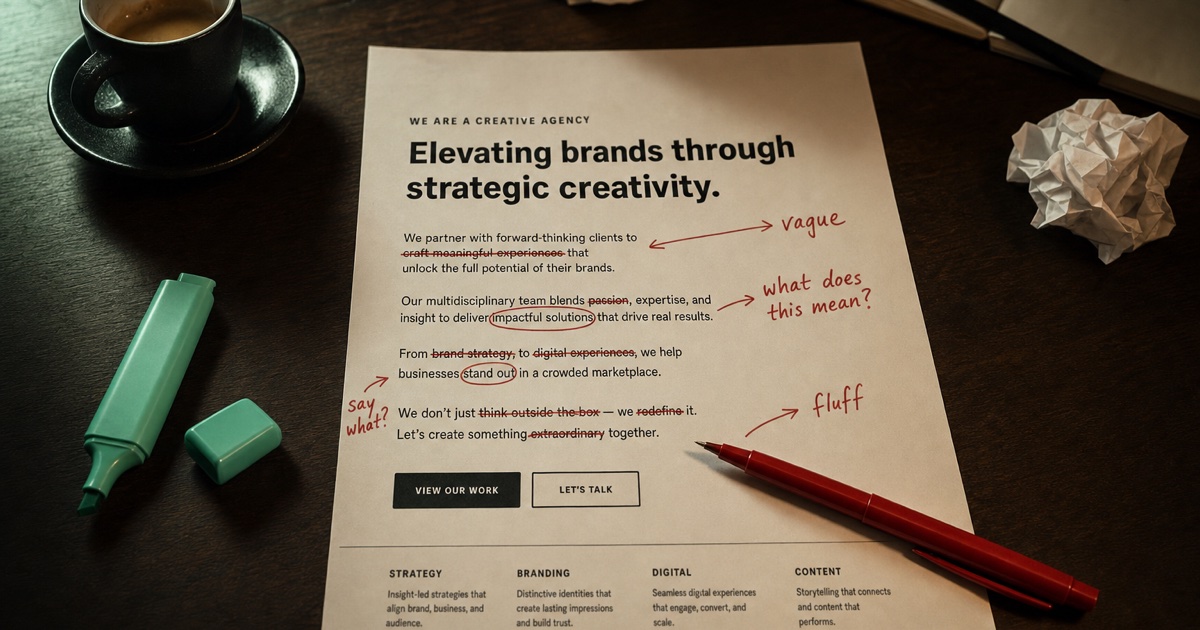 Filler is the leak after the click — a sample agency homepage being torn apart in red pen with margin notes saying vague, what does this mean, fluff
