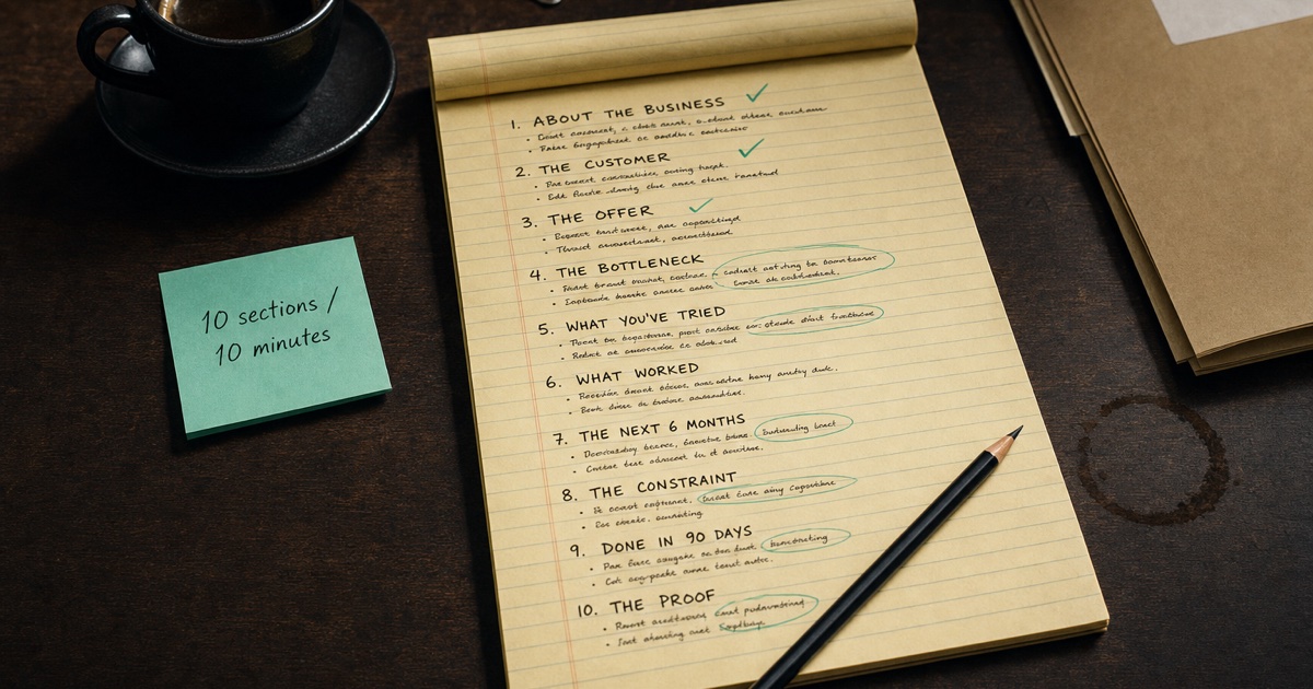 Get a Brief, Not a Quote — a yellow legal pad on a dark wood desk with the ten brief sections handwritten in black ink, a mint sticky note saying 10 sections / 10 minutes