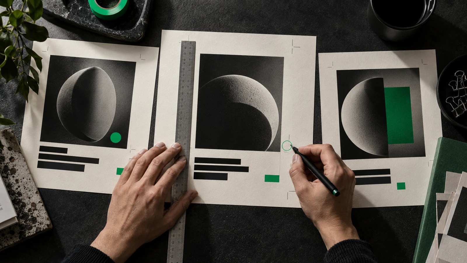 A designer checks a coordinated set of printed layouts with a ruler and pen.