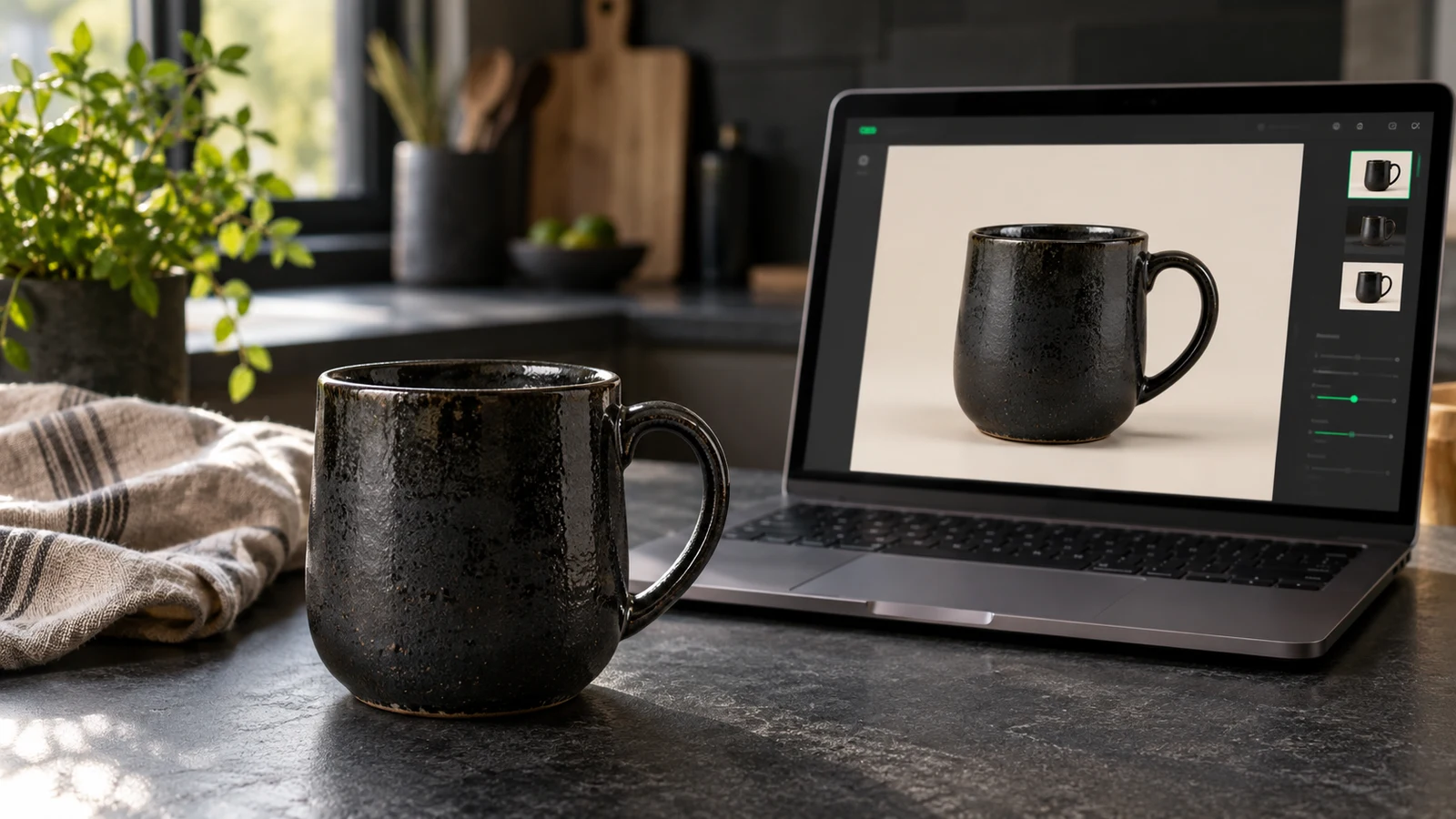 A black ceramic mug on a kitchen counter beside a laptop showing a cleaner presentation of the same mug.