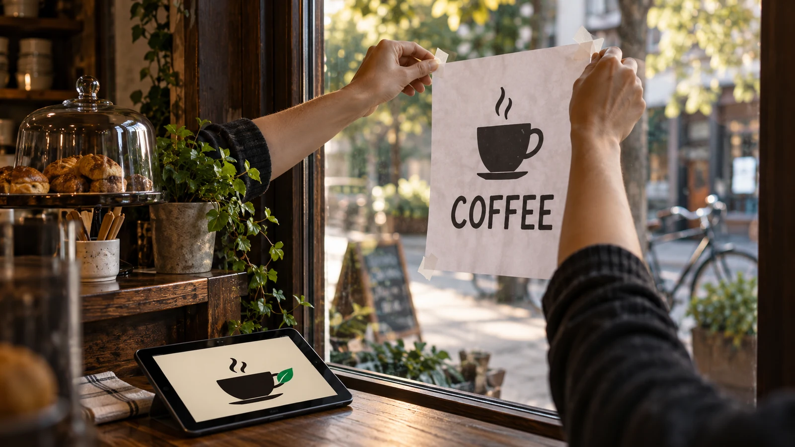 A home-printed coffee poster in a café window.