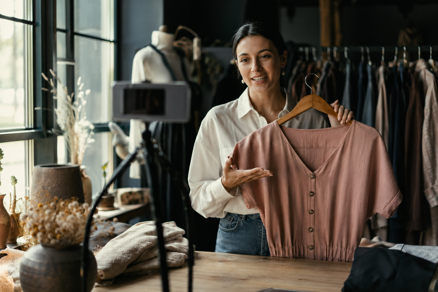 A shop owner holding a product toward a propped phone mid-explanation during a live stream.