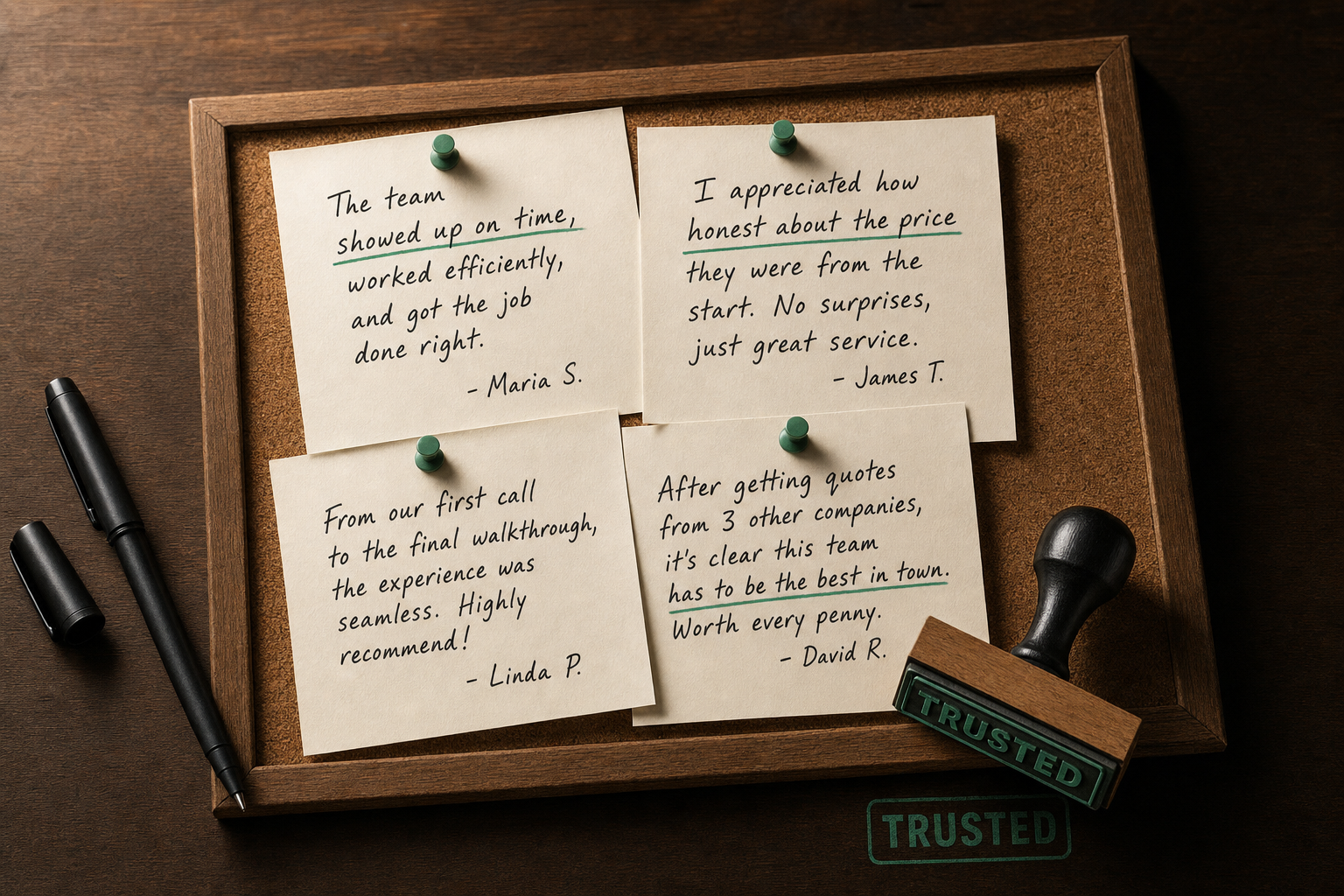 A corkboard on a dark walnut desk with four handwritten review notes pinned to it, key phrases underlined in mint ink, and a TRUSTED rubber stamp beside them