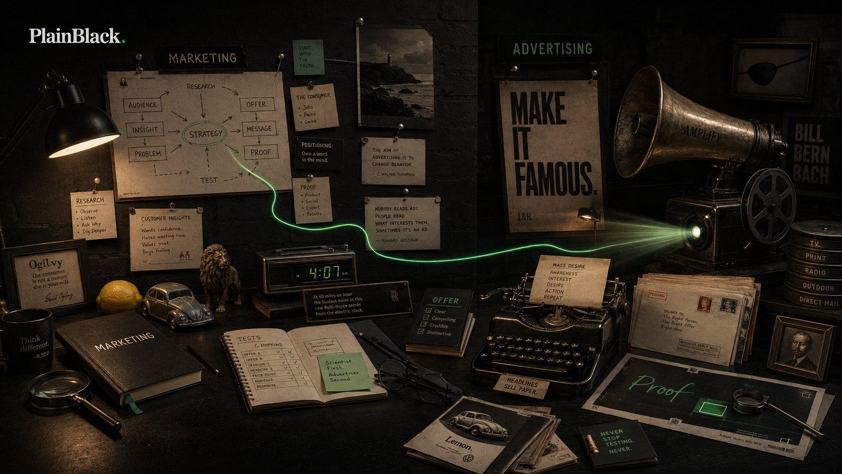 Dark editorial poster reading 'Marketing loads the cannon. Advertising fires it.' on an ink-black background with a faint outline of a cannon barrel in mint green