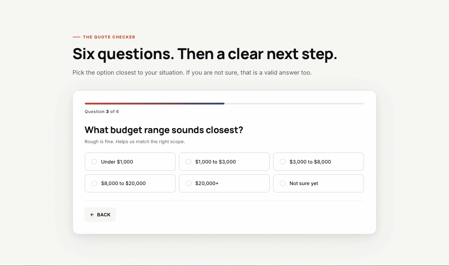 Bradley Roofing quote-fit filter demo, hero section with orange Quote Checker pill and Tell us about your roof headline, dark cinematic background.