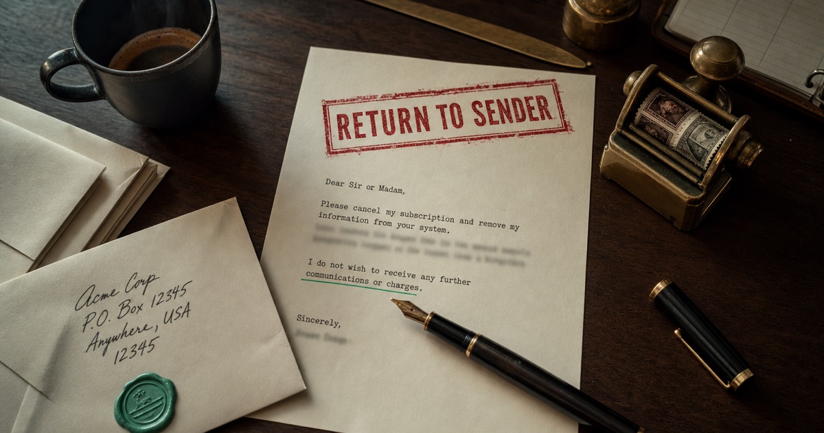 Polite Exit — RETURN TO SENDER stamped letter on a dark walnut desk, fountain pen with mint signature line, addressed envelope with green wax seal, espresso cup steaming