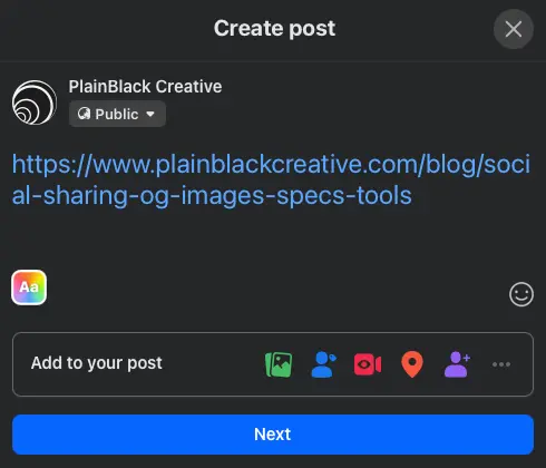 Facebook 'Create post' composer showing a pasted URL as plain blue text with no preview card underneath.