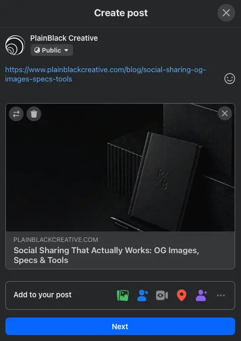 Same Facebook composer with a proper link preview card now showing under the URL: hero image, post title, and the plainblackcreative.com domain.