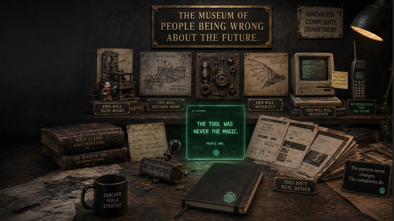 Editorial poster reading 'The future keeps arriving' on a deep ink-black background with faint mint-green technical diagram