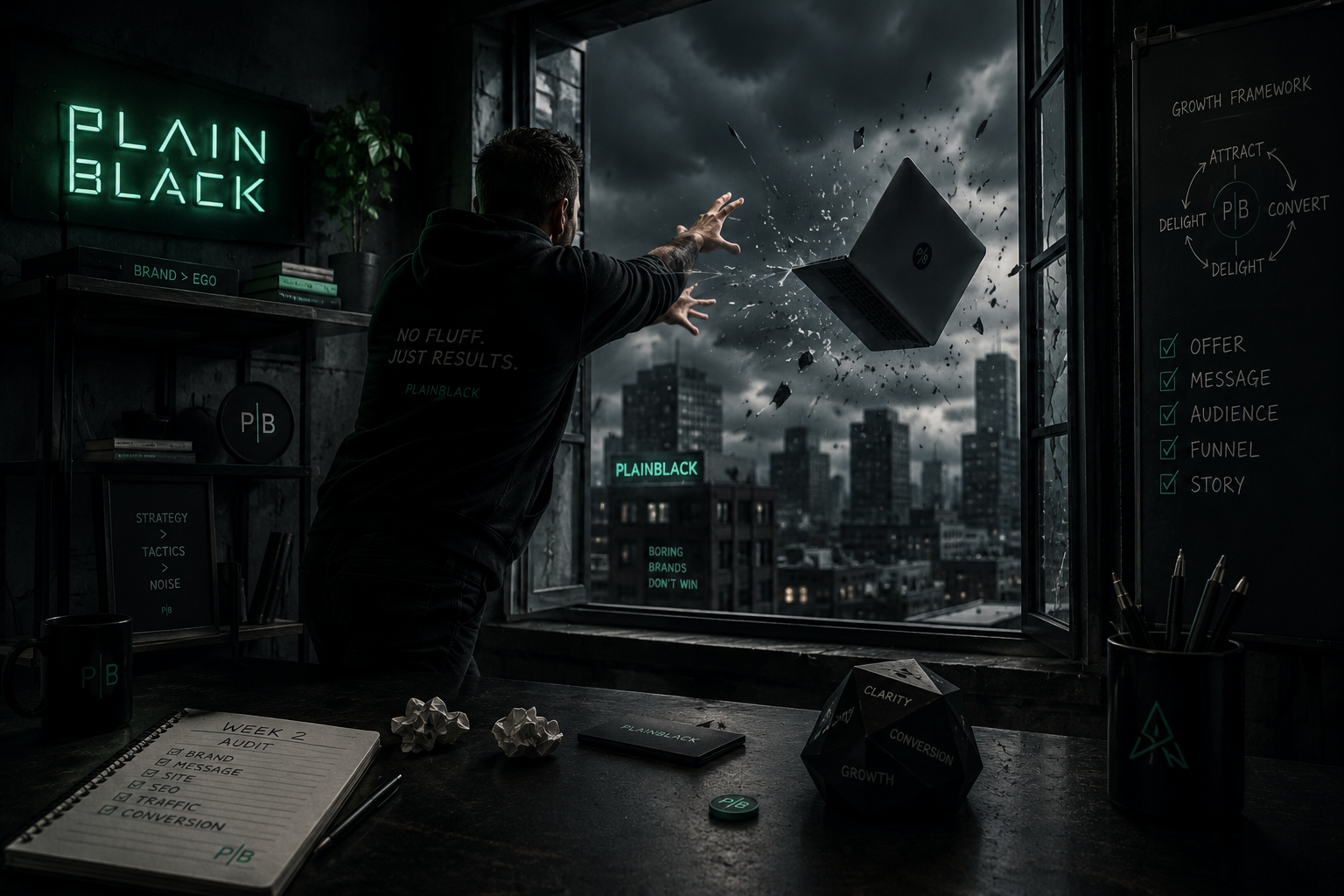 A man in a PlainBlack hoodie launches a laptop through a shattering office window into a stormy city skyline. A WEEK 2 AUDIT notebook, a black mug, dice reading CLARITY/CONVERSION/GROWTH, and a chalkboard growth framework sit on the desk. Neon signs read PLAINBLACK and BORING BRANDS DON'T WIN.