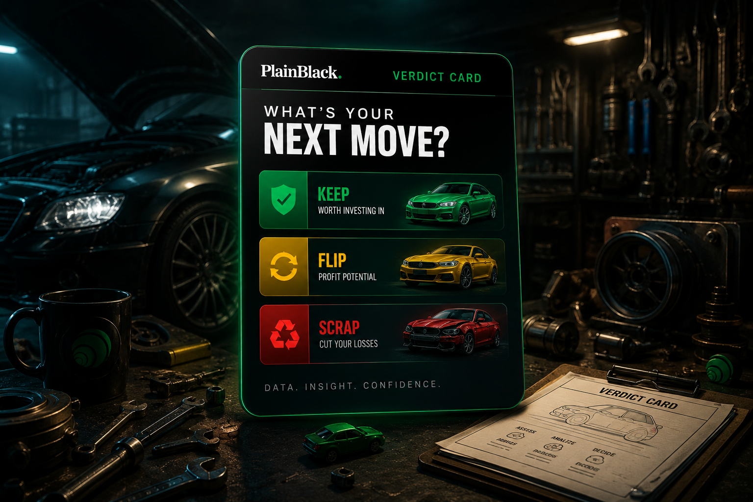 Dark cinematic automotive workshop scene with a glowing PlainBlack 'Verdict Card' interface showing three car decision options: keep, flip, or scrap. Tools, car parts, a clipboard, and hidden green PlainBlack logo marks appear around the garage.