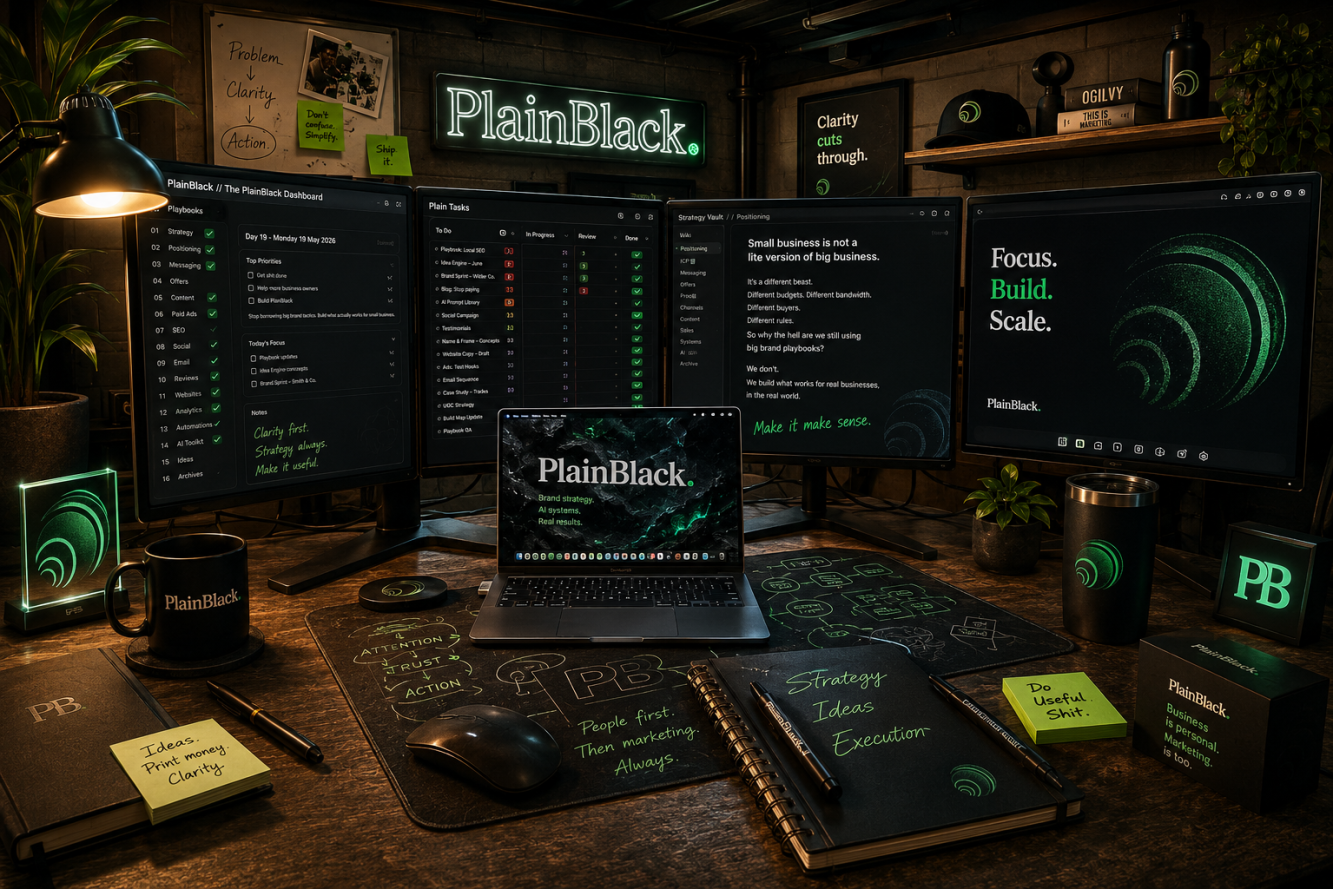 A cinematic dark desk scene with PlainBlack branding across three monitors, a laptop, a branded mug, sticky notes, and a hand-drawn desk mat. The right monitor reads: Focus. Build. Scale.