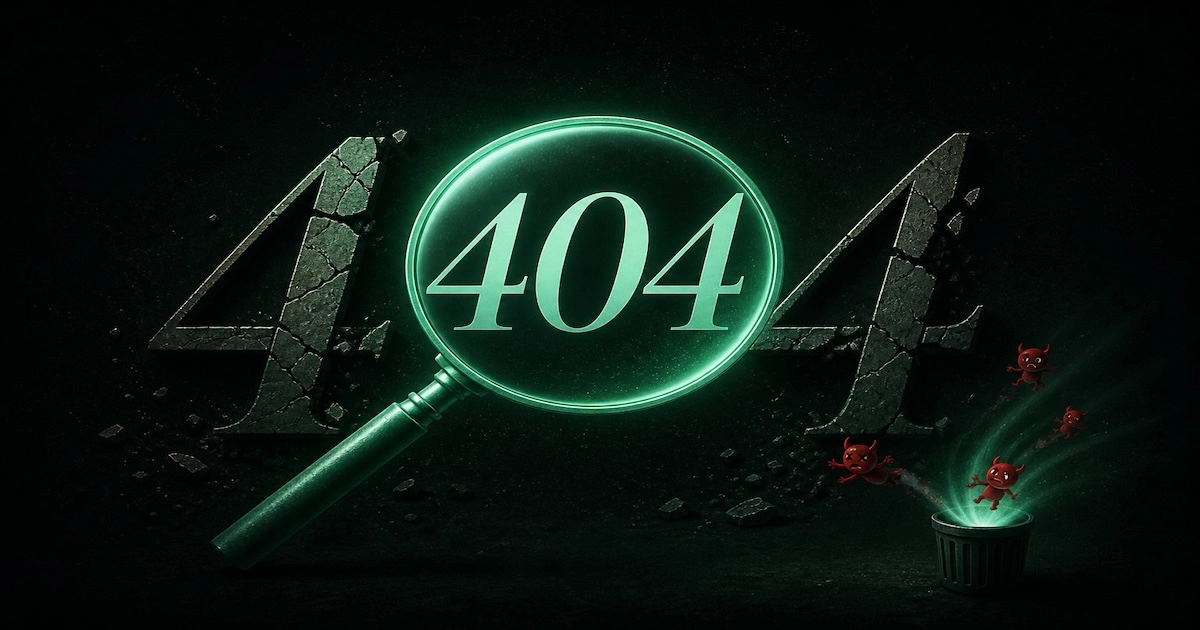 Glowing mint magnifying glass over a cracked italic '404', with red 'bad idea' creatures pulled toward a glowing bin. Concept art for PlainBlack's interactive 404 page.