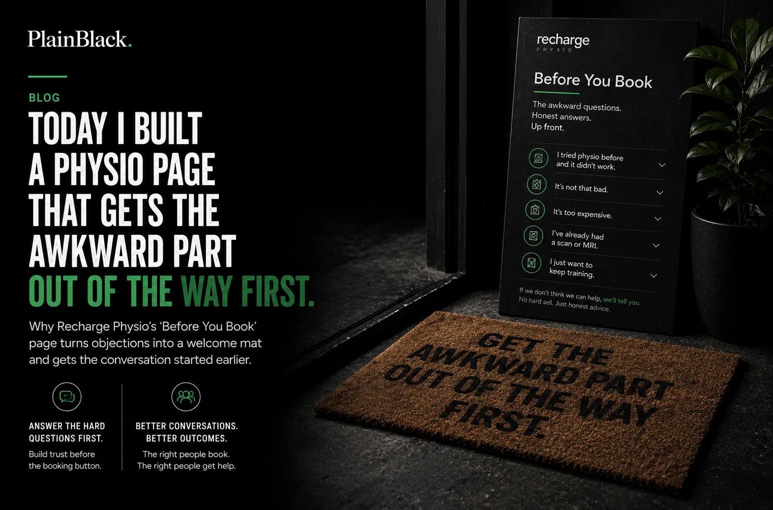 A black welcome mat reading 'Get the awkward part out of the way first.' sitting at the door of a Recharge Physio clinic, with a 'Before You Book' card listing five common patient concerns visible on the wall above.