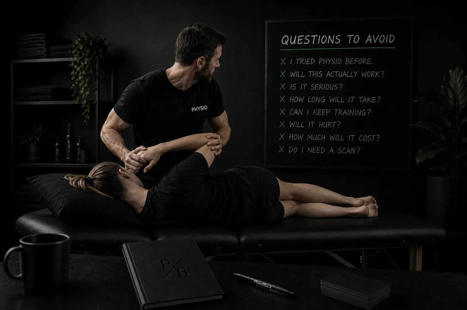 A physiotherapist working on a patient lying face-down on a treatment table, with a 'Questions to Avoid' chalkboard on the wall behind listing the eight awkward questions people ask before booking physio.