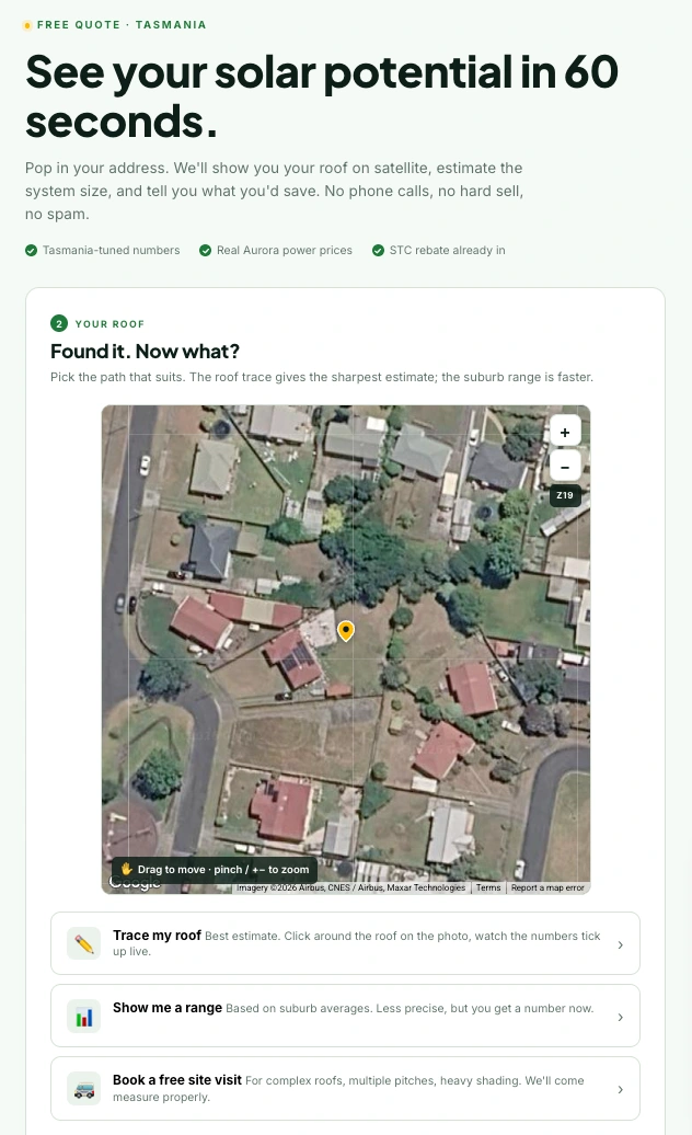 Screenshot of the Genr8 solar quote tool's verify step. Aerial satellite view of a Tasmanian neighbourhood, yellow location pin centred over a property, zoom controls top-right showing Z19, drag-to-move hint at bottom-left. Three choice cards below: Trace my roof, Show me a range, Book a free site visit.