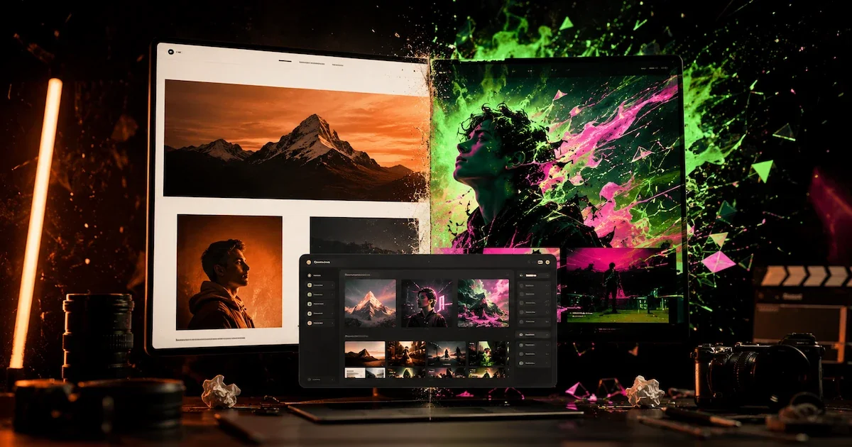 A website split into two personalities, calm orange on the left and chaotic neon green and pink on the right, with a small CMS panel in front editing image cards.