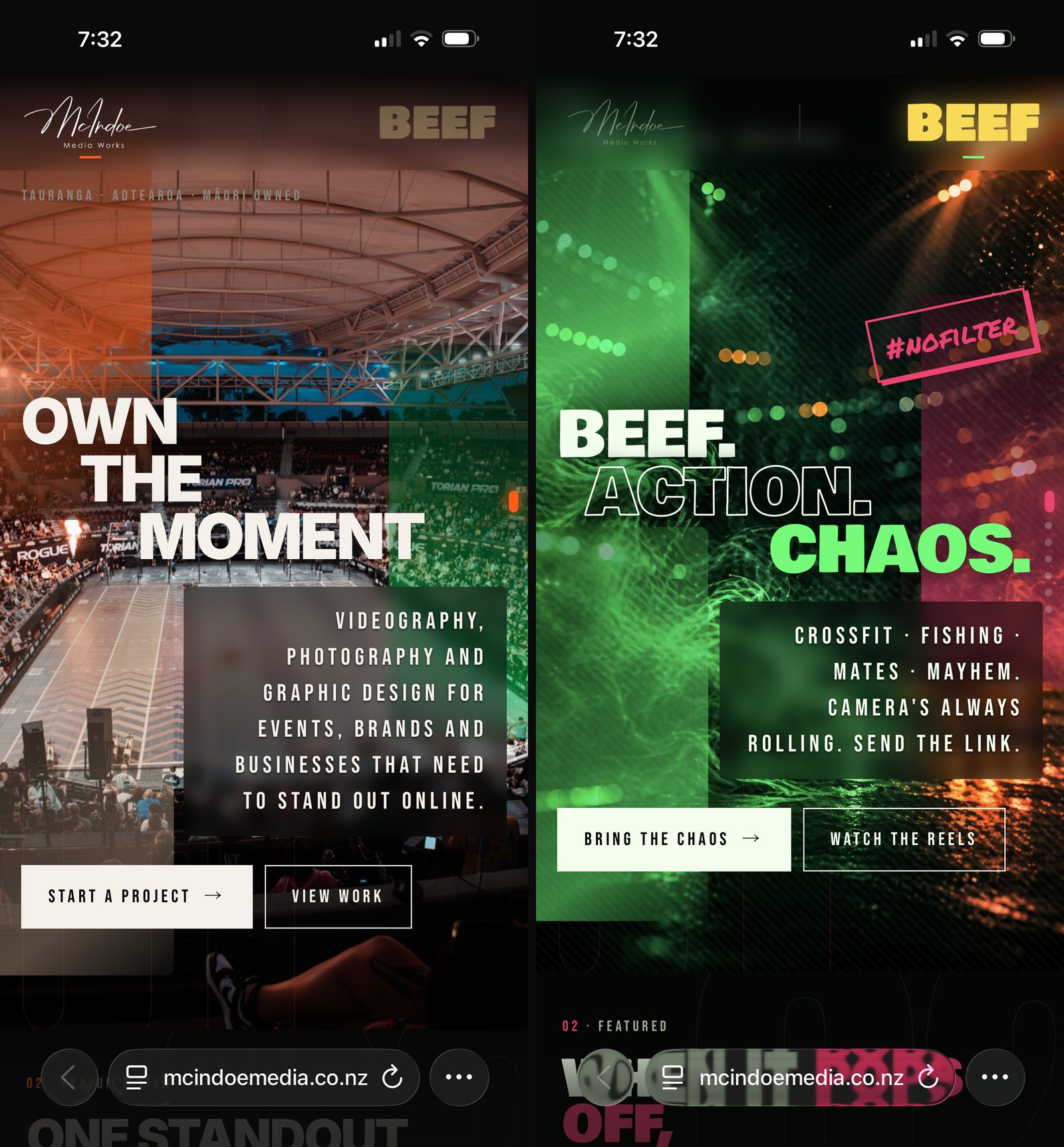 Two phones side by side. Left: McIndoe Media Works homepage in calm orange tones with the headline OWN THE MOMENT. Right: the same site toggled into BEEF.PROD mode, neon green and pink, headline BEEF. ACTION. CHAOS.
