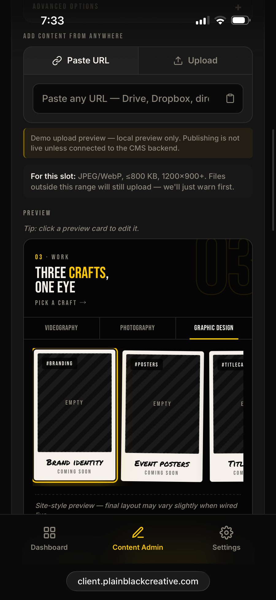 Phone screenshot of the McIndoe CMS demo. A Paste URL field at the top, a Demo upload preview note below it, then a live preview of the Work section showing three polaroid cards labelled Brand identity, Event posters and Title cards. The first card is selected with an orange ring. Caption reads Site-style preview, final layout may vary slightly when wired live.