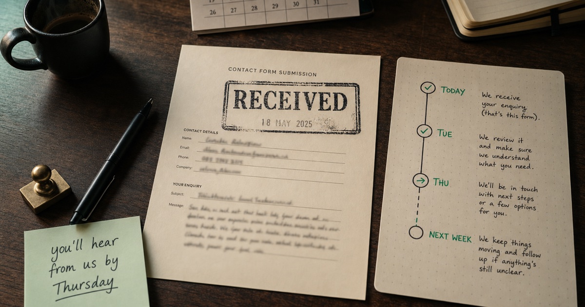 A printed contact form on a dark walnut desk with a RECEIVED rubber-stamp pressed across the top in black ink, beside a hand-drawn timeline with mint tick marks at Today / Tue / Thu / Next Week, and a sticky note saying you'll hear from us by Thursday