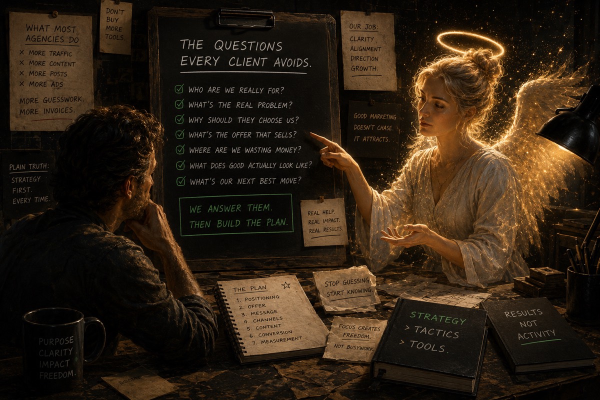 An angel pointing at a chalkboard of the questions every client avoids — who are we for, what's the real problem, why should they choose us