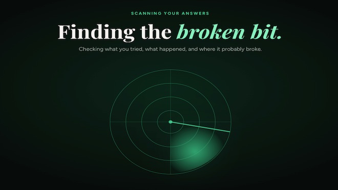 The Why Isn't This Working diagnostic scanning a small business's answers, finding the broken bit