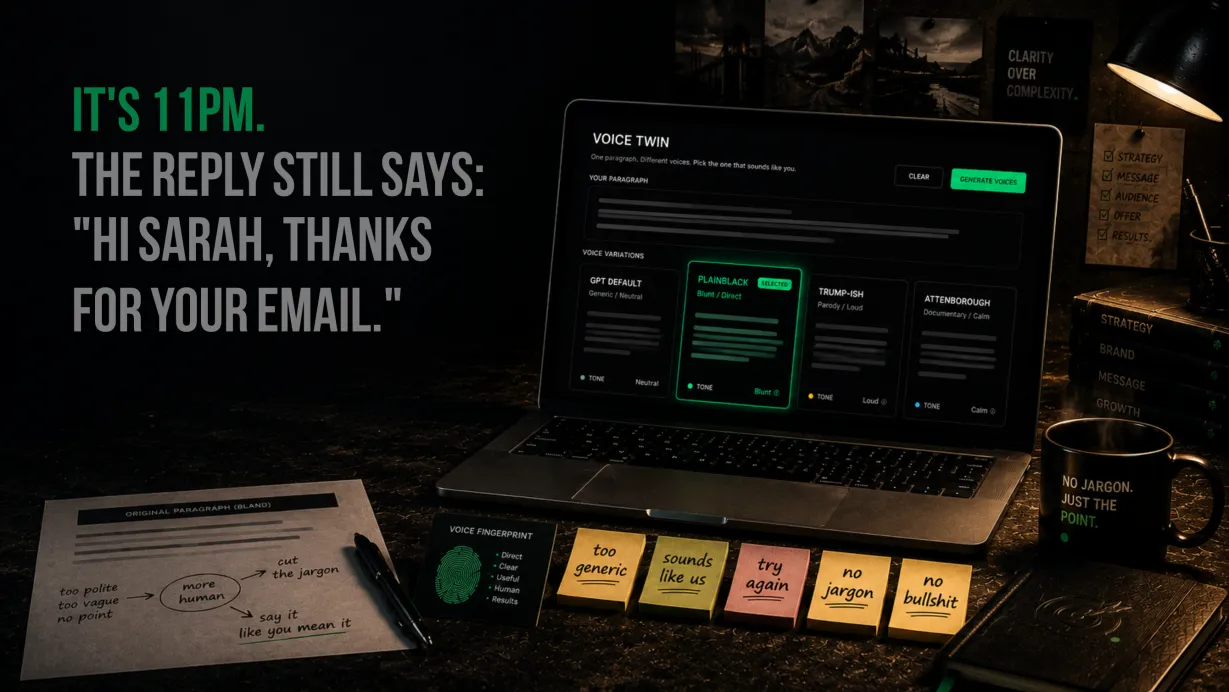 Dark cinematic desk scene showing a laptop with the Voice Twin writing tool open, comparing different versions of the same message. Large text on the left reads, 'It's 11pm. The reply still says: Hi Sarah, thanks for your email.' The desk includes sticky notes, a marked-up paragraph, a coffee mug, and mint-green highlights showing the selected PlainBlack voice option.