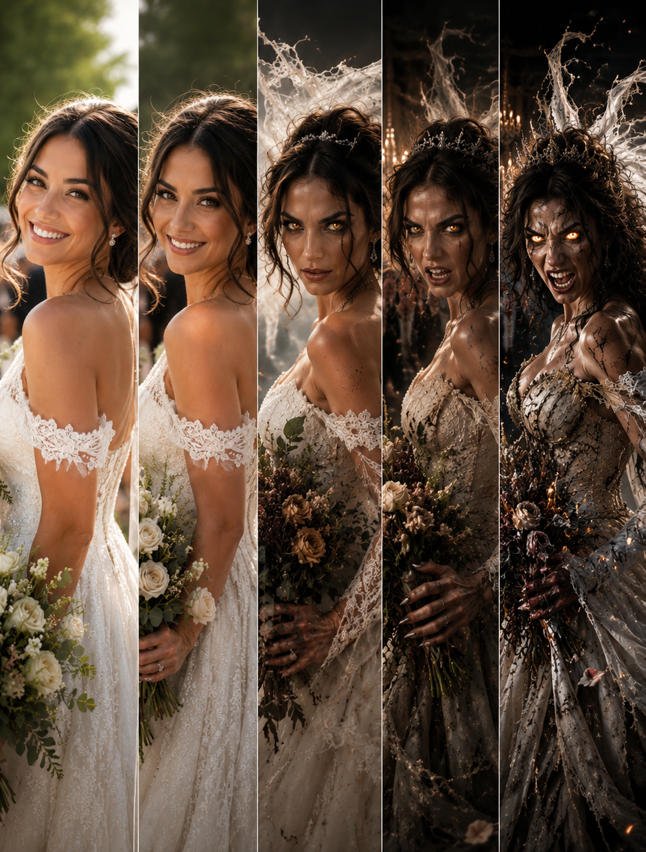 Bridezilla risk scale. Five wedding portraits of the same bride moving from joyful BFF energy on the left through high-maintenance and red-flag tiers to full bridezilla on the right.