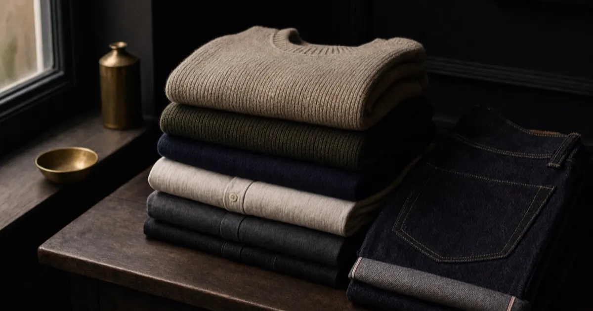 Mane menswear boutique knitwear and denim styled on dark timber with brass accents