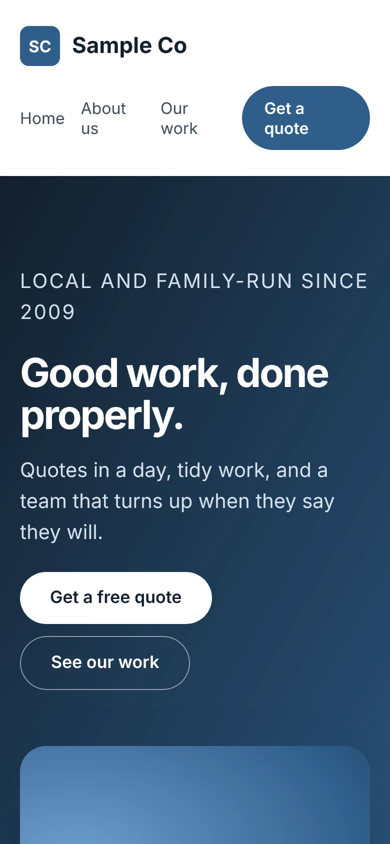 The same sample website on a phone, with the headline, intro and quote button stacked for a small screen.